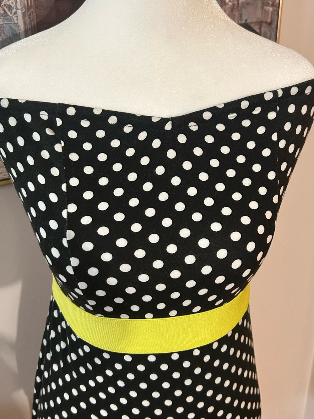 Xhilaration Black and White Polka Dot Strapless Dress with Yellow Belt